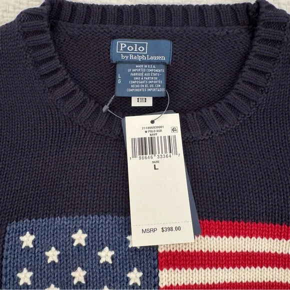 Polo by Ralph Lauren Navy Crewneck Sweater with Flag. Size L. Unisex - Picture 4 of 8